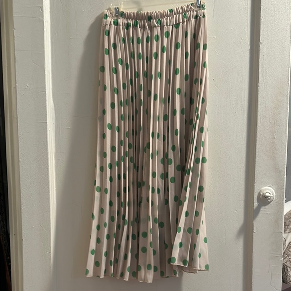 Cream and Green A-Line Midi Skirt with Pleats